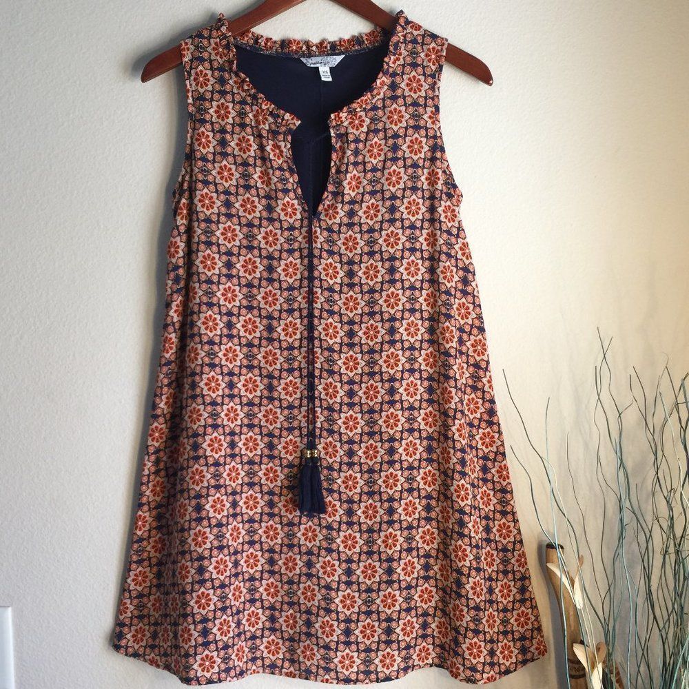 Speechless Swing Dress XS Rust Blue Chiffon Tassel Keyhole Fully Lined